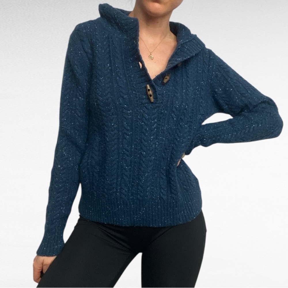 Eddie Bauer | Blue Speckled Wool Cashmere Blend Cable Knit Toggle Hoodie Sweater